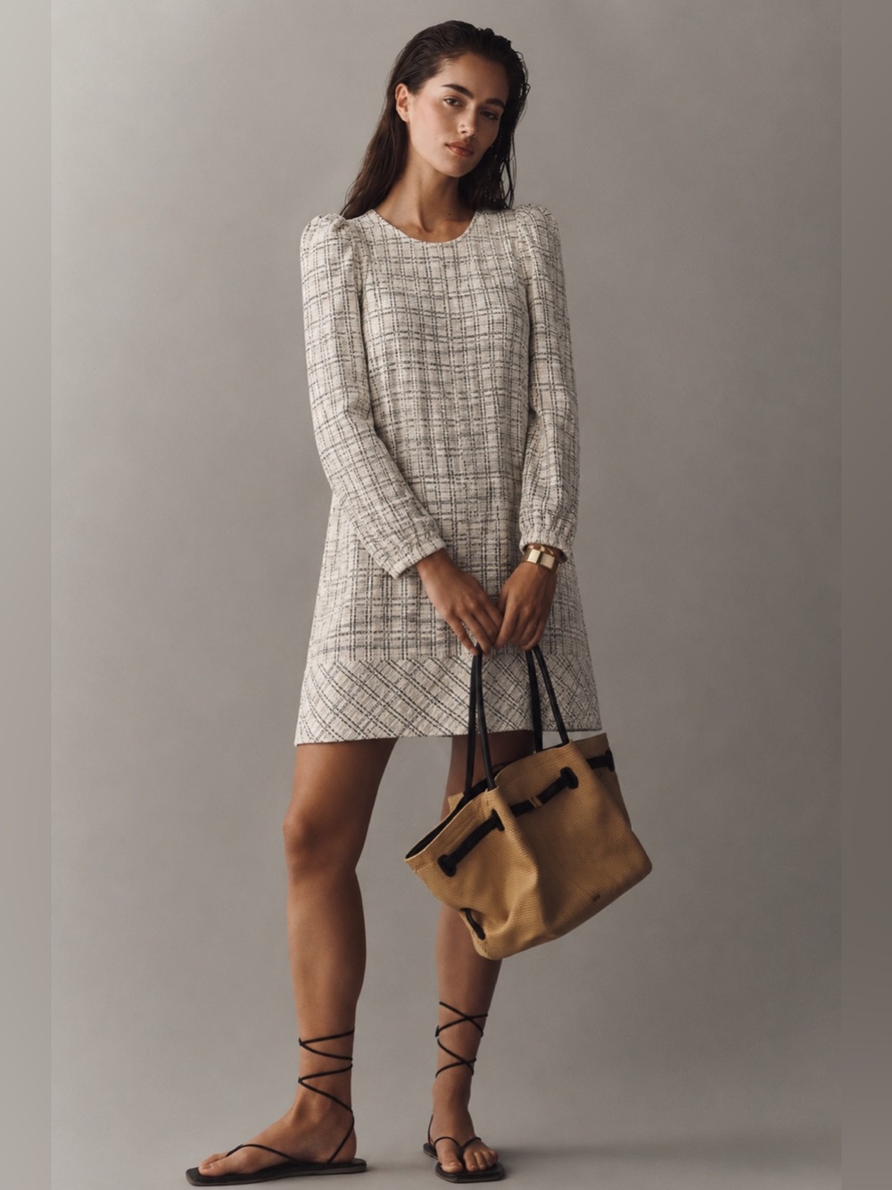 NWT Buru Knit Checker Long Puff Sleeve Shift Mini Dress Sz M